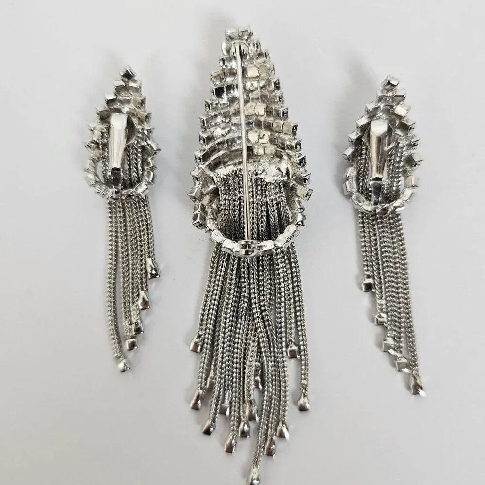 Vintage Silver Tone Crystal Rhinestone Brooch Pin‎ Clip On Earring Set Waterfall